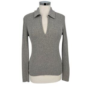 Paige Catarina Ribbed Collared Fitted Sweater Chromium Gray Size Large